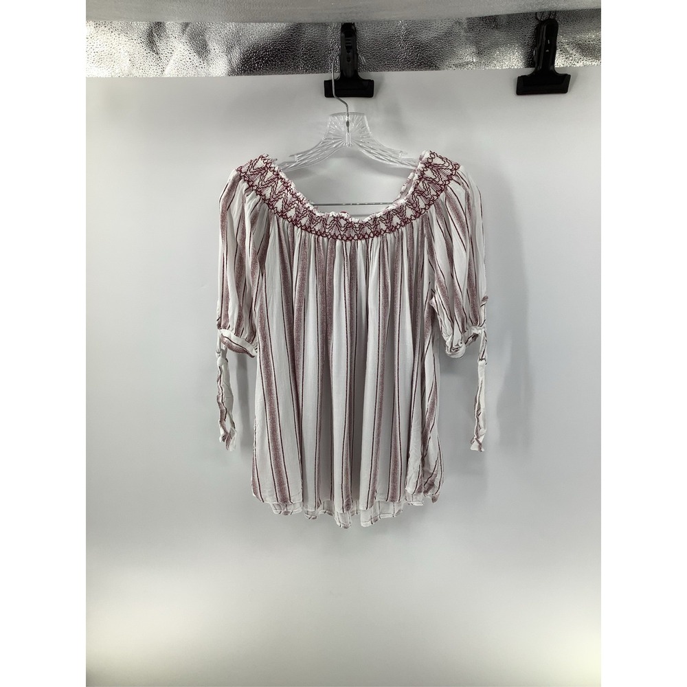 Boho Striped Peasant Blouse White Red Embroidered Off Shoulder Tie Sleeve L